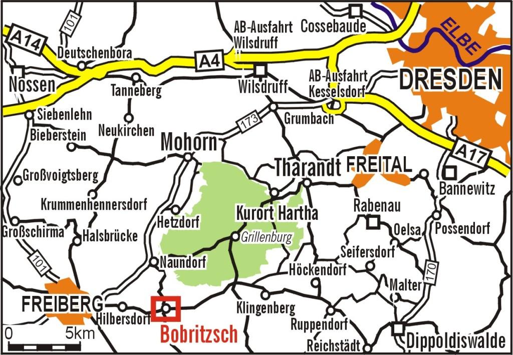 Anfahrt Bobritzsch: Der Ort Bobritzsch-Hilbersdorf, OT Niderbobritzsch liegt östlich von Freiberg in Sachsen